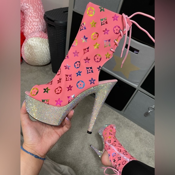 Bejeweled Rhinestone Platform Ankle Boots- Pink - Picture 4 of 4